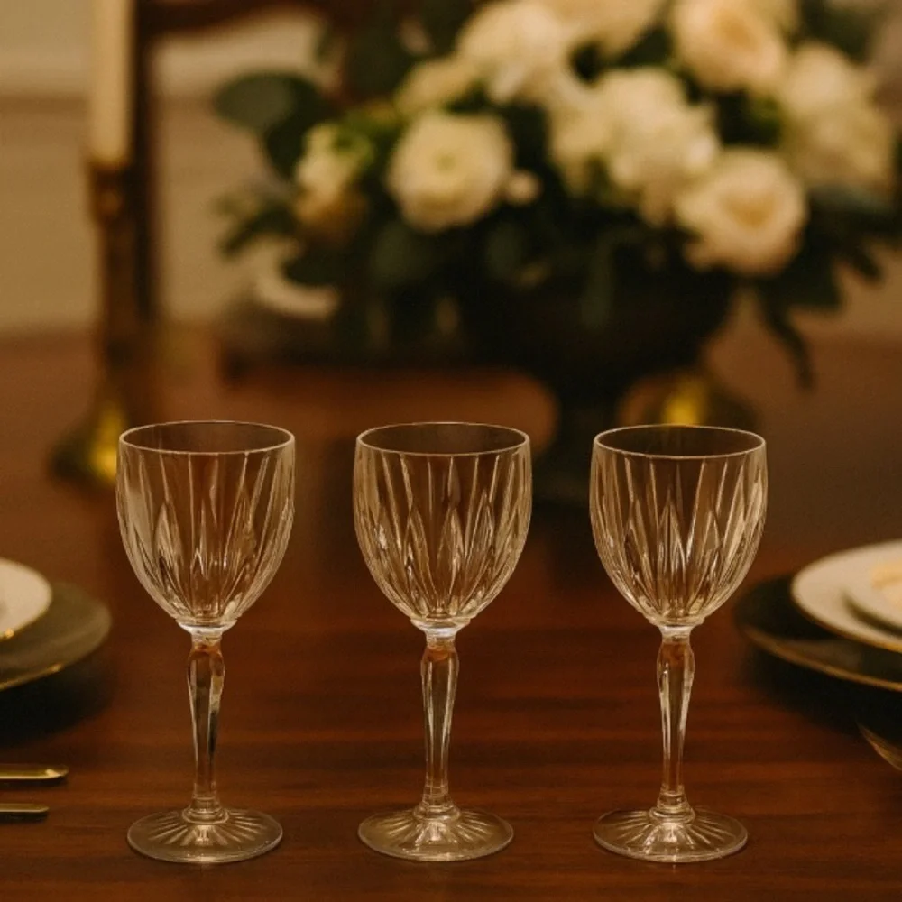 3 Cristal D'Arques-Durand Classic Crystal France Faceted Stem 8.5” Wine Goblets